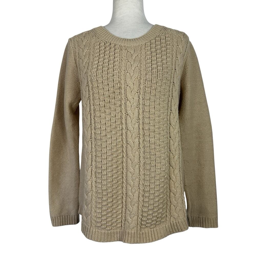 J Crew Sweater Women Medium Tan Cable-Knit Crew Minimalist Preppy Capsule